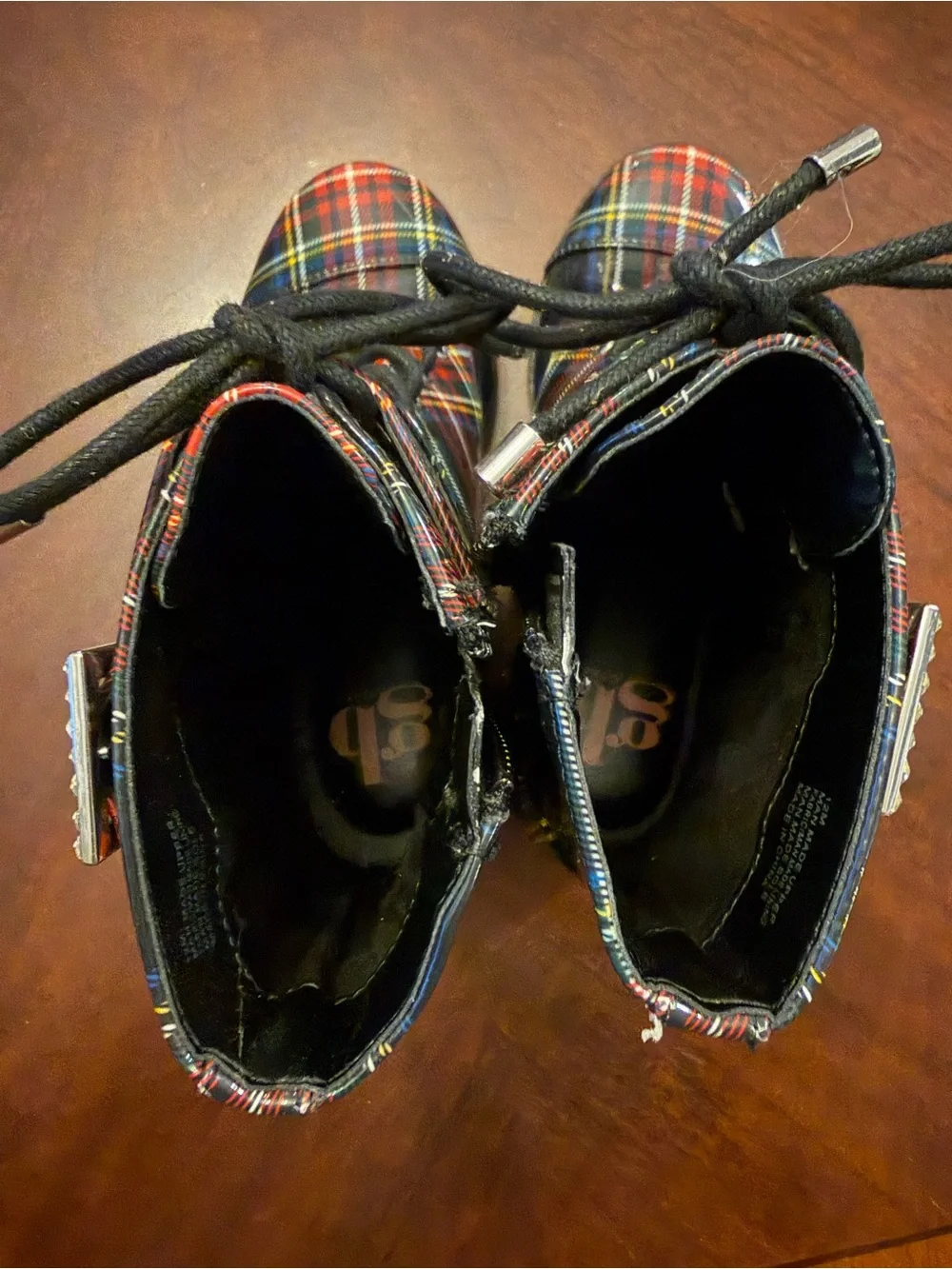 GB Girls Plaid Combat Boots with Rhinestone Buckles - Red/Black